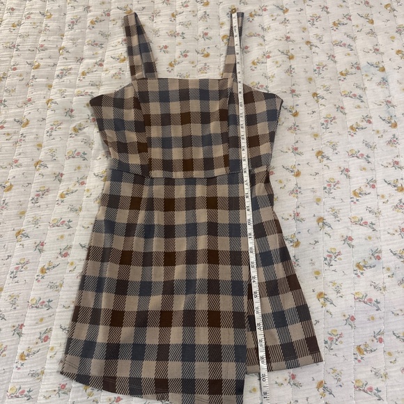 Forever 21 Plaid Gingham Asymmetrical Sleeveless Romper Dress Brown Blue Tan - Picture 5 of 8